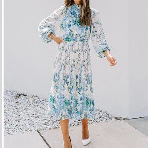 VICI TEMPE FLORAL RUFFLE MIDI DRESS - BLUE